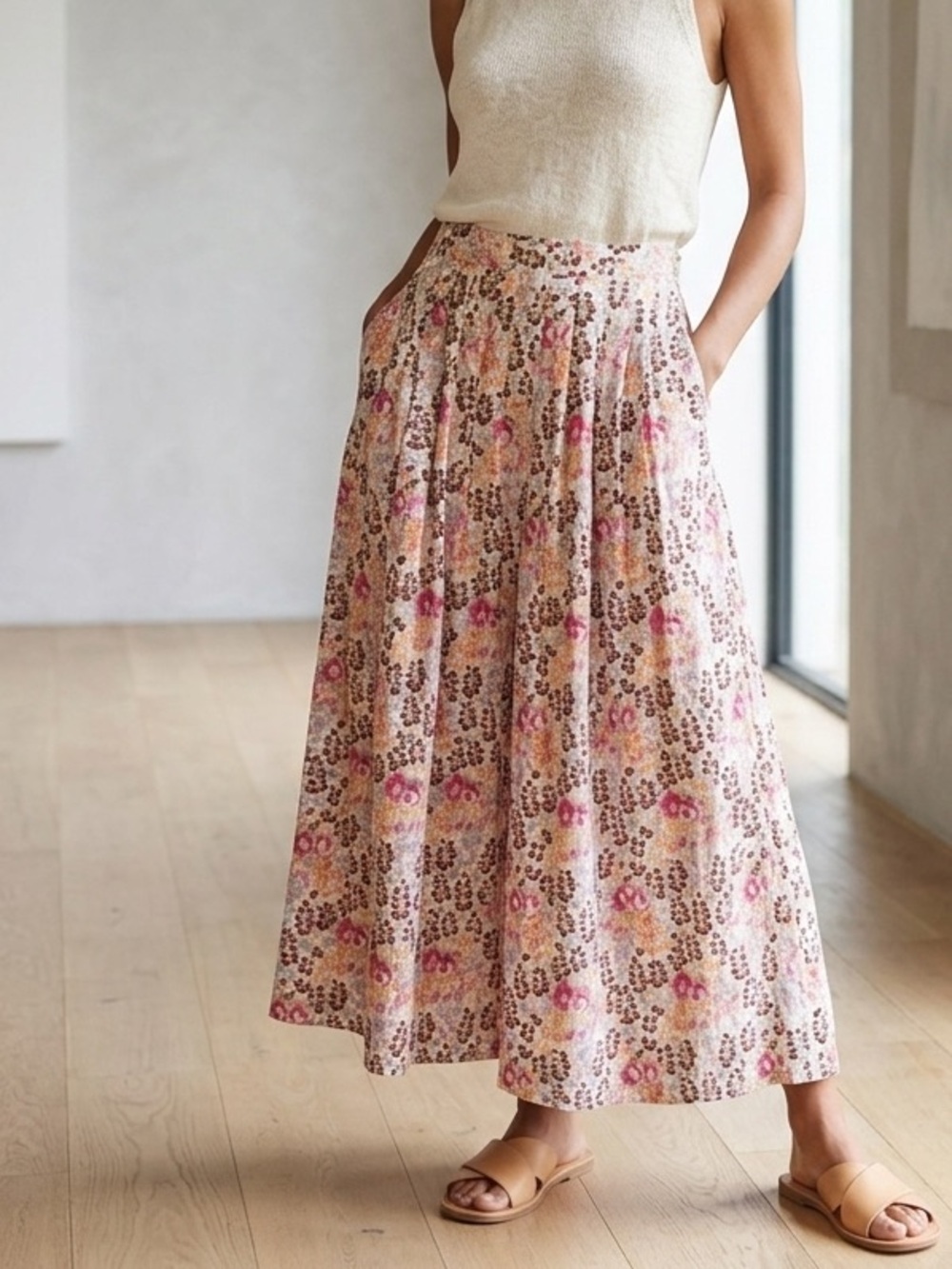 Vintage Herman Geist Pleated Floral Long Skirt, size 12, long skirt, cream pink